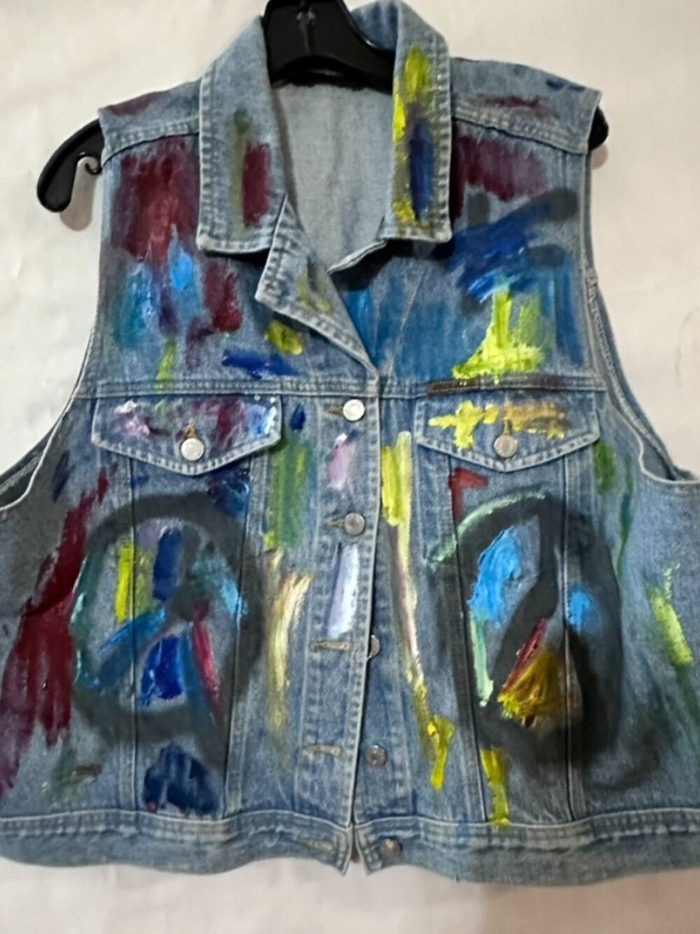 JONES JEANS Denim Vest Skull Peace Sign Size XL Upcycled Handpainted - Picture 2 of 8